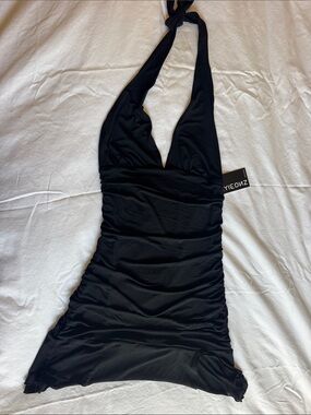 Black Halter Ruched Mini Dress by